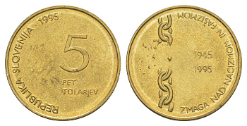 Словения 5 толаров 1995 50 лет Победы над фашизмом и нацизмом KM 22 латунь UNC 4571-255