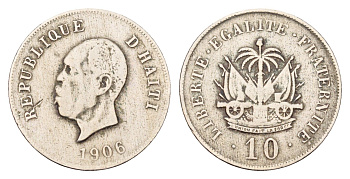 Гаити 10 сантимов 1906 год-тип, Президент Пьер Нор Алексис KM 54 медно-никель 4580-237