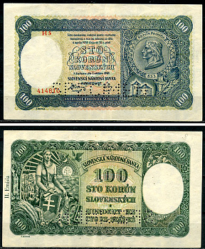 Словакия 100 крон 1940 князь Прибина, образец, Specimen Pick 10 s  бумага   451-962-3