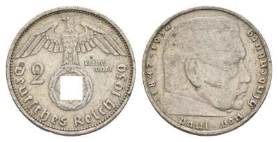 Германия 2 рейхсмарки 1939 А, Гинденбург, символика KM 93, J.366 серебро 4153-1122