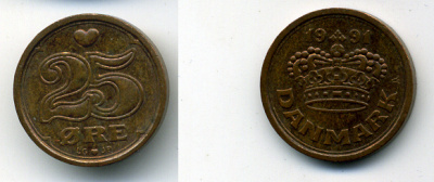 ДАНИЯ 25 ЭРЕ 1991 LG; JP; A, МАРГРЕТЕ II (1972-) KM 868.1 бронза 54-1168