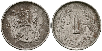 Финляндия 1 марка 1950 Н KM 30b железо 4580-1259