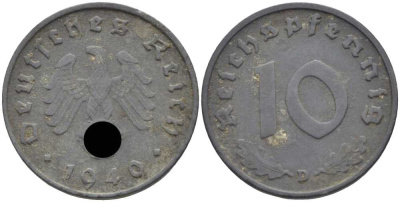 ГЕРМАНИЯ 10 РЕЙХСПФЕННИГОВ 1940 D KM 101, J. 371 цинк 4401-827