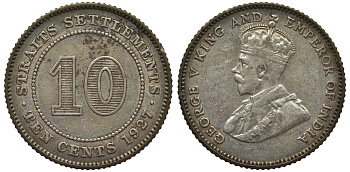 Стрейтс-Сетлментс 10 центов 1927 Георг V (1910-1936) КМ 29b серебро 53-641