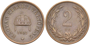 Венгрия 2 филлера 1901 KB, Франц Иосиф I (1848-1916) KM 481 бронза 201-225
