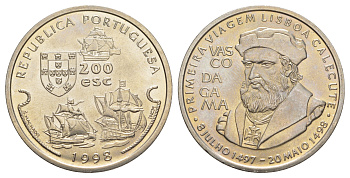 Португалия 200 эскудо 1998 Путешествие Васко да Гамы в Индию 1498 года - Васко да Гама KM 709 медно-никель UNC 4677-333