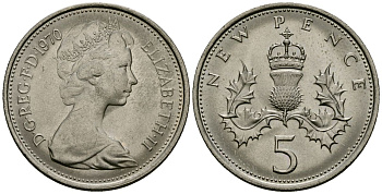 Великобритания 5 пенсов 1970 Елизавета II (1952-2022) KM 911, Spink 4233 (D1) медно-никель 4538-141