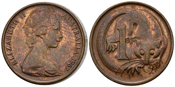 Австралия 1 цент 1967 Елизавета II (1953-), молодой портрет, опоссум KM 62 бронза 4602-213