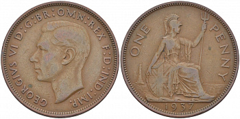Великобритания 1 пенни 1937 Георг VI (1936-1952) KM 845, Spink 4114 бронза 114-1121