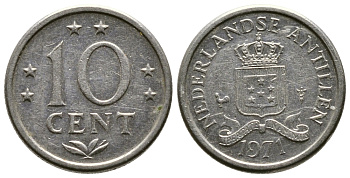 Нидерландские Антилы 10 центов 1971 Юлиана (1948-1980) KM 10 никель 220-431