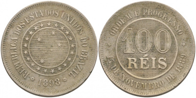БРАЗИЛИЯ 100 РЕЙС 1898 ПЕДРО II (1831-1889) KM 492 медно-никель 69-933