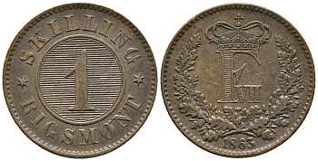ДАНИЯ 1 СКИЛЛИНГ 1863 ФРЕДЕРИК VII (1848-1863) KM 763 (C135) бронза 67-217