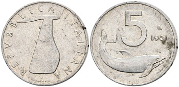 ИТАЛИЯ 5 ЛИР 1951 R, РУЛЬ, ДЕЛЬФИН КМ 92 алюминий 4573-214