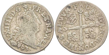 ФРАНЦИЯ 5 СОЛЬ (1/16 ЭКЮ) 1703 ВВ, ЛЮДОВИК XIIII (1643-1715), МОНДВОР СТРАСБУРГ KM 337.4 серебро 413-2941