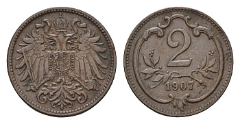 Австрия 2 геллера 1907 Франц Иосиф I (1848-1916) KM 2801 бронза 4669-649
