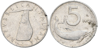 ИТАЛИЯ 5 ЛИР 1951 R, РУЛЬ, ДЕЛЬФИН КМ 92 алюминий 4573-214