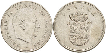 ДАНИЯ 1 КРОНА 1963 C; S, ФРЕДЕРИК IX (1947-1972) KM 851.1 медно-никель 4551-1255