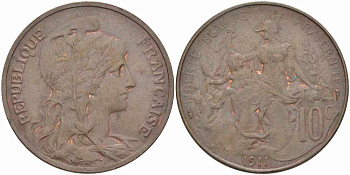 ФРАНЦИЯ 10 САНТИМОВ 1911 ТИП ДАНИЭЛЬ ДЮПЮИ KM 843, LA FRANC 136.21 бронза 109-244