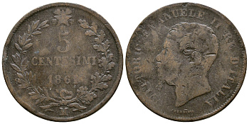 ИТАЛИЯ 5 ЧЕНТЕЗИМО 1861 M, ВИКТОР ИМАНУИЛ II KM 3.2 медь 4381-431