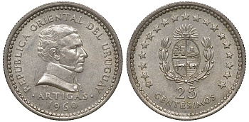 Уругвай 25 сентесимо 1960 KM 40 медно-никель 4169-944