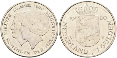 Нидерланды 1 гульден 1980 на коронацию Беатрикс, 30 апреля 1980 KM 200 никель 4175-247
