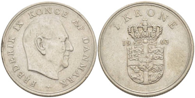ДАНИЯ 1 КРОНА 1963 C; S, ФРЕДЕРИК IX (1947-1972) KM 851.1 медно-никель 4551-1255
