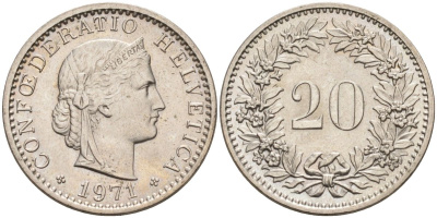 Швейцария 20 раппенов 1971 KM 29а медно-никель 4592-925