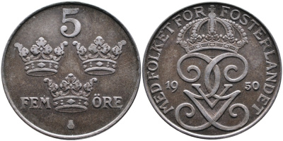 Швеция 5 эре 1950 Густав V (1907-1950) KM 812 железо 4389-141
