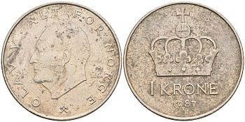 Норвегия 1 крона 1987 Улаф V (1958-1991) KM 419 медно-никель 4561-1052