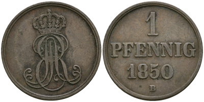 Ганновер 1 пфенниг 1850 B, Эрнст Август (1837-1851) KM 201.1, AKS 129, J. 74 медь 4608-1119