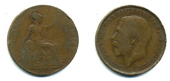 Великобритания 1 пенни 1912 Георг V (1910-1936) KM 810, Spink 4051 бронза 47-1223