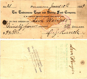 США чек на 94,50 долларов 1899 Филадельфия бумага 2196-41-2-1
