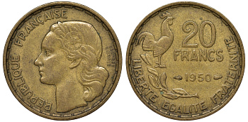 Франция 20 франков 1950 KM 916.1 медь алюминий никель 4543-537