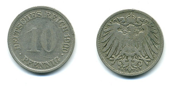 ГЕРМАНИЯ 10 ПФЕННИГОВ 1900 G KM 12, J. 13 медно-никель 54-456