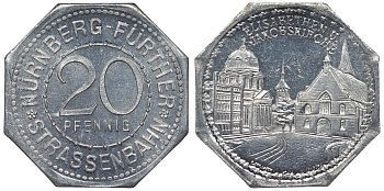 Германия, Нюрнберг - Фюрт 20 пфеннигов ND трамвайный жетон, церковь Св. Елизаветы и Якобскирхе алюминий UNC 4119-646
