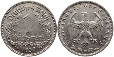 ГЕРМАНИЯ 1 РЕЙХСМАРКА 1937 D КМ 78 J.354 никель 56-1056