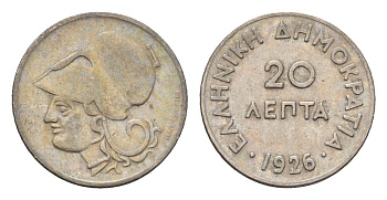 Греция 20 лепт 1926 Афина в коринфском шлеме, год-тип KM 67 медно-никель 4668-1235