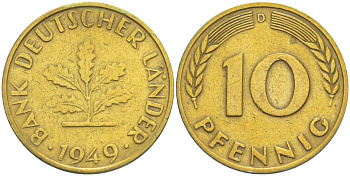 ФРГ 10 пфеннигов 1949 D KM 103, J. 378 сталь плакированная латунью 219-257