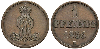 Ганновер 1 пфенниг 1856 B, Георг V KM 221, AKS 155, J. 83 медь 4594-212