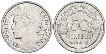 ФРАНЦИЯ 50 САНТИМОВ 1941 ТИП MORLON LOURDE KM 894.1a, LE FRANC 193.2 алюминий 44-243