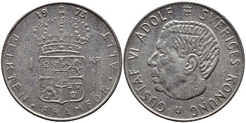 Швеция 1 крона 1973 Густав VI Адольф (1950-1973) KM 826а медь плакированная медно-никелем 4395-211