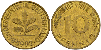 ФРГ 10 пфеннигов 1992 A J. 383, KM 108 сталь плакированная латунью    4603-637
