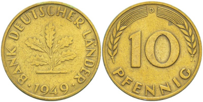 ФРГ 10 пфеннигов 1949 D KM 103, J. 378 сталь плакированная латунью 219-257