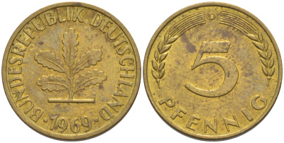 ФРГ 5 пфеннигов 1969 D KM 107, J. 382 сталь плакированная латунью 4514-446