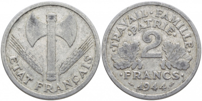 ФРАНЦИЯ 2 ФРАНКА 1944 В, ПРАВИТЕЛЬСТВО ВИШИ KM 904.2 алюминий 114-813