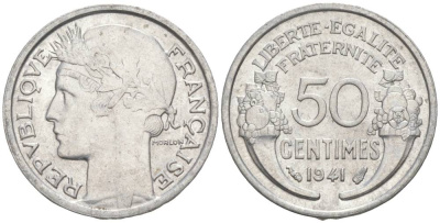 ФРАНЦИЯ 50 САНТИМОВ 1941 ТИП MORLON LOURDE KM 894.1a, LE FRANC 193.2 алюминий 44-243