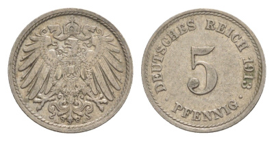 Германия 5 пфеннигов 1913 A, Вильгельм II (1888-1918) KM 11, J. 12 медно-никель 4640-145