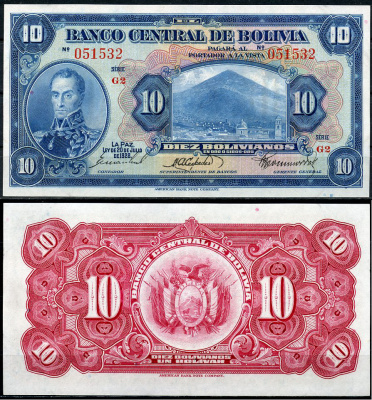 Боливия 10 боливиано 1928 серия G2, Симон Боливар Pick 121 a (5)  бумага  UNC (пресс) 451-775-2