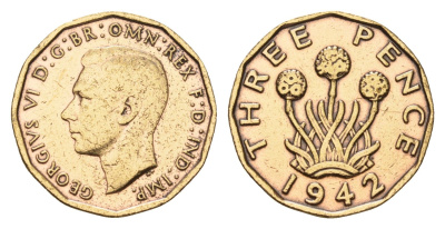 Великобритания 3 пенса 1942 Георг VI (1936-1952) KM 849, Spink 4112 никель латунь 4631-1132