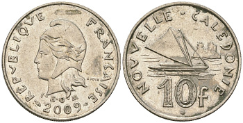 Французская Новая Каледония 10 франков 2009 рыбачья парусная лодка, (IEOM) KM 11a, Schoen 13a, Lec 99k медно-никель 60-1247